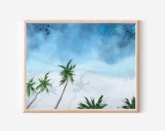 Landscape Palm Tree Coastal Watercolor Print, Ocean wall art, Ocean art, Coastal painting, Coastal wall art, Beach house decor, Palm tree