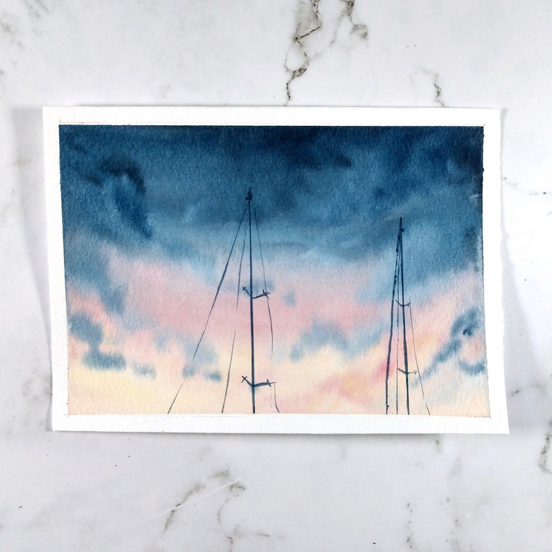 Sailboat Silhouette 5x7 Original Watercolor, Original Sailboat Watercolor Painting, Sailing Art, Ocean Painting, Coastal Boho Aesthetic image 1