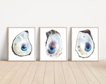 Oyster watercolor Print SET OF 3, Seashell print, Ocean art, Beach house wall art, Oyster wall art, lowcountry art, charleston print
