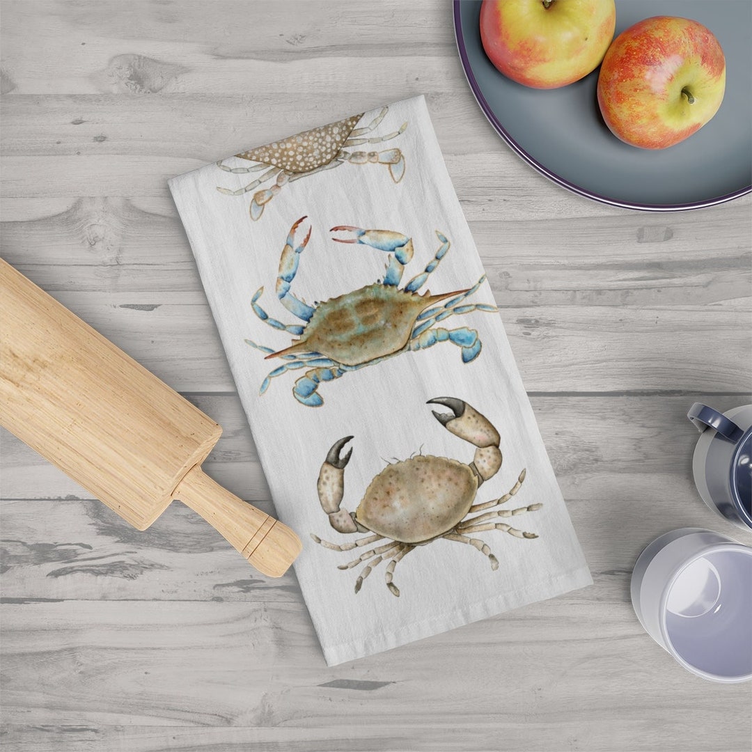 Coastal Crab Tea Towel, Crab Kitchen Towel, Lowcountry Crab Kitchen