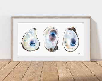 Oyster watercolor Print, Oyster shell painting, 3 Oysters watercolor art, Coastal wall decor, Beach house paintings, Coastal wall art