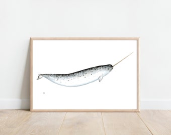 Narwhal Watercolor Print, Giclee Print, Whale Print, Whale wall art, Nursery ocean animal, Narwhal print, Beach House Decor, Beach Print