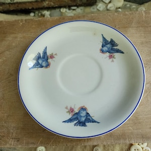 May include: White ceramic saucer with a blue rim and a central indentation. The saucer is decorated with three blue bird illustrations and small pink floral accents. A vintage-style decorative piece.