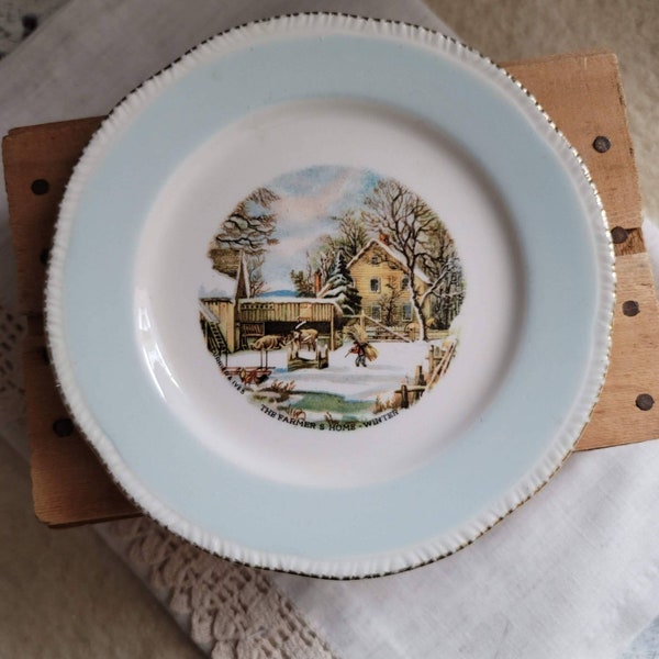 Currier & Ives  / The Farmers / 1933 / Vintage Home / Home / Winter / Bread Plate / Farmhouse Style / Cottage Style /  Transferware /