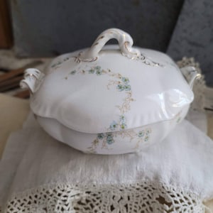May include: White porcelain serving dish with a lid, featuring a delicate floral design of blue forget-me-nots and gold accents. The dish has a rounded shape and a decorative handle.