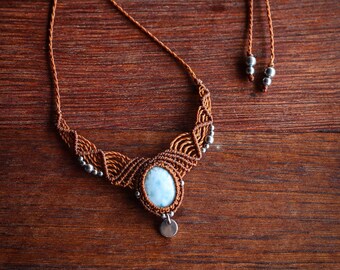 Fine macramé necklace, larimar cabochon