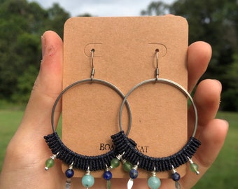 Macramé earrings, amazonite beads, lapis lazuli and aventurine