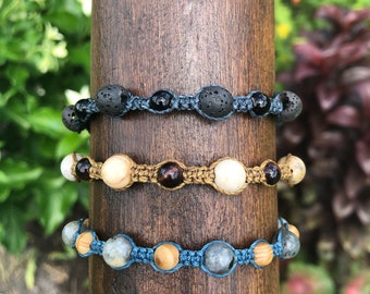 Men's macramé bracelet, adjustable, natural stone beads