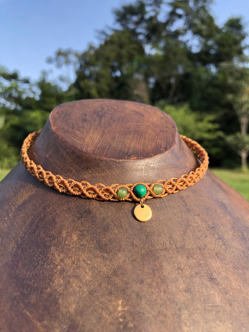 Macrame choker necklace Sépia/malachite