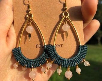 Macramé earrings, rose quartz beads