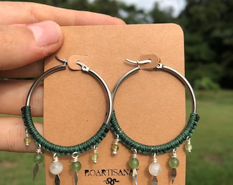 Stainless steel and macramé hoop earrings, white labradorite, aventurine and peridot beads