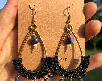 Macramé earrings, lapis lazuli beads