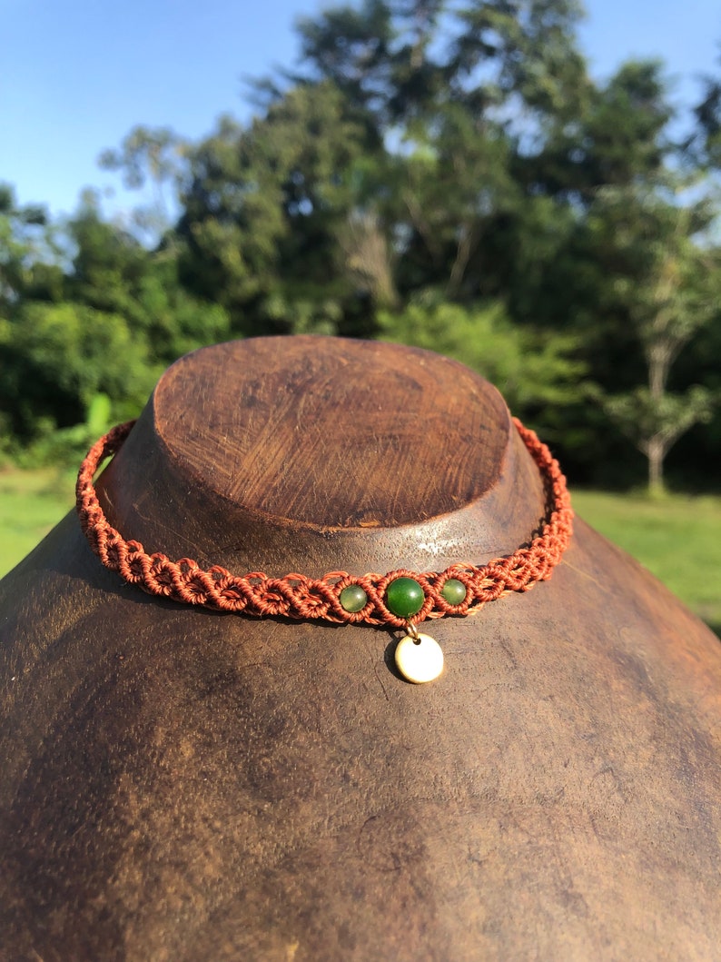 Macrame choker necklace Acajou/jade