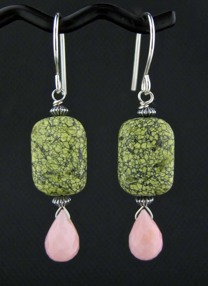 Faceted Pastel Pink Peruvian Opal Dangles Wrapped in Silver