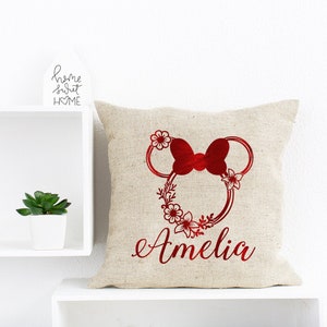 Disney Minnie Mouse Sketch with Name Retro Vintage Art Style Throw Pillow,  16x16, Multicolor