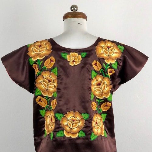 Vintage Tehuana with hand shops embroidered flowers in brown satin, mexican tehuana blouse, Oaxaca blouse, embroidered flowers