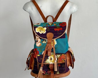 Mexican leather backpack with hand woven cloth and embroidered flowers, mexican bag, Chiapas, leather bags, travel pack, woven bag, leather