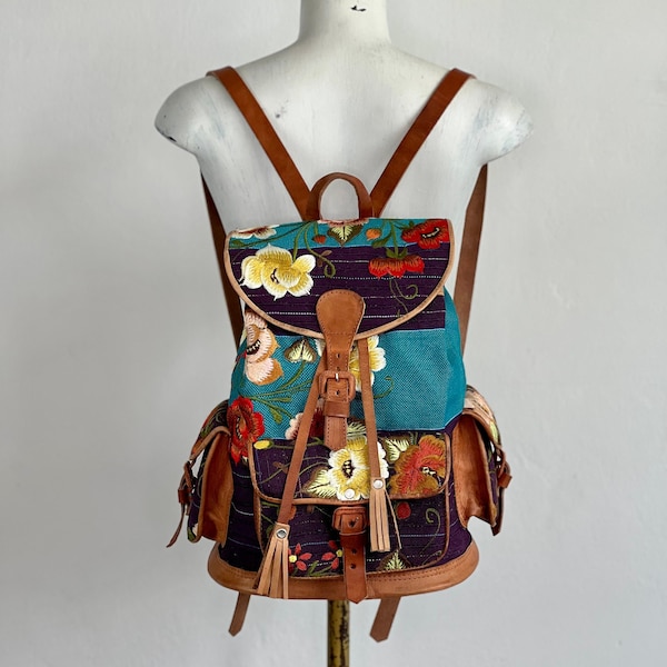Mexican leather backpack with hand woven cloth and embroidered flowers, mexican bag, Chiapas, leather bags, travel pack, woven bag, leather