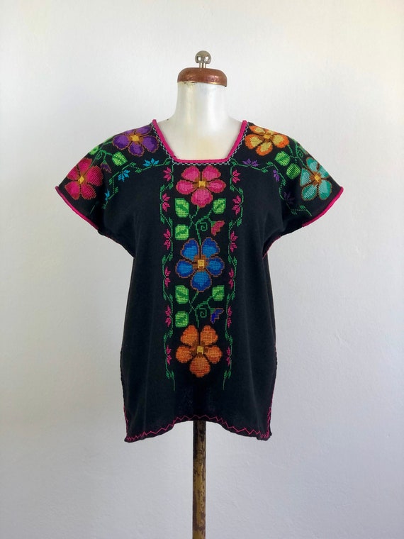 Hand Woven mexican black blouse, woven blouse, Mex