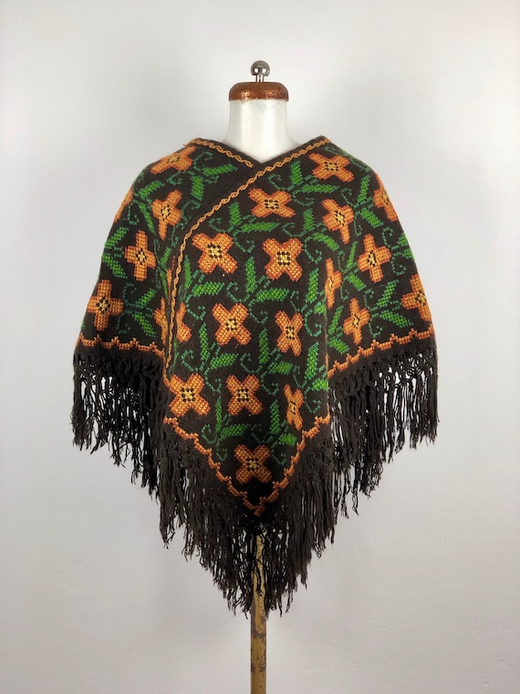 Hand Woven Mexican Poncho with embroidered cross