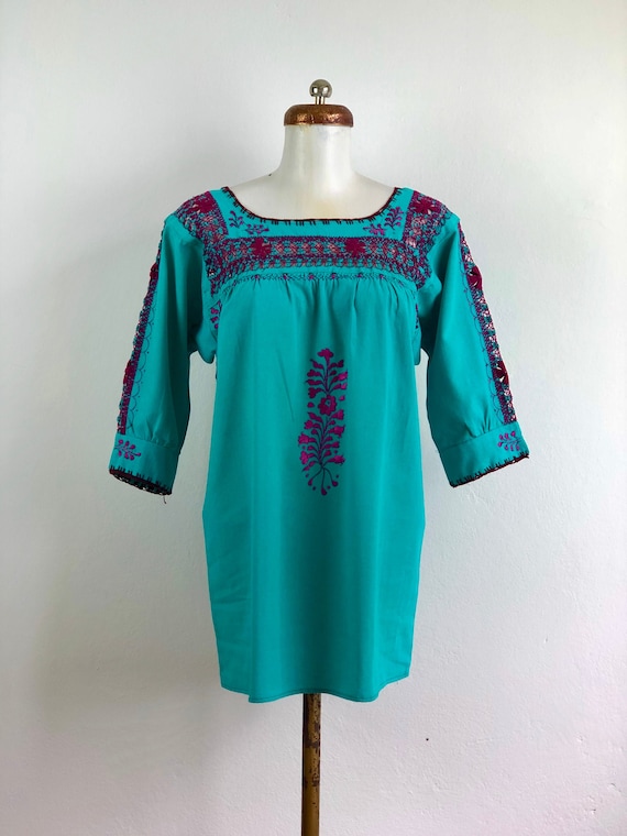 Mexican Embroidered pulled thread blouse in turquo