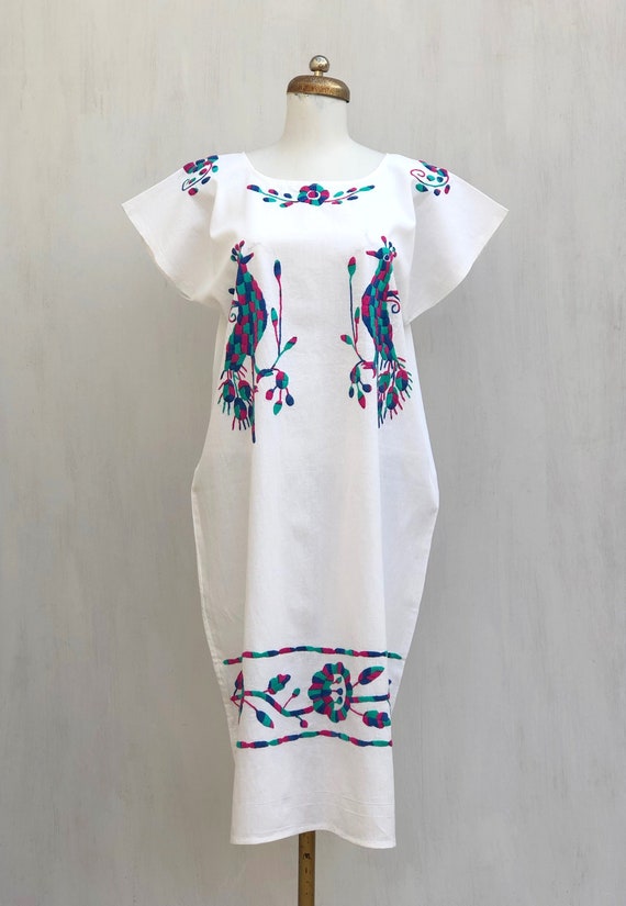 Mexican dress with hand embroidered peacocks and f