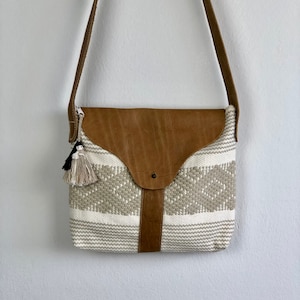 Mexican leather crossbody bag, mexican leather, mexican bag, mexican purse, Oaxaca, tooled leather and cotton crossbody bag