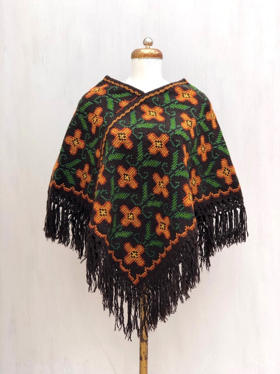 Hand Woven Mexican Poncho with embroidered cross