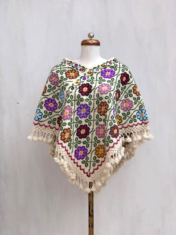Hand Woven Mexican Poncho with embroidered cross