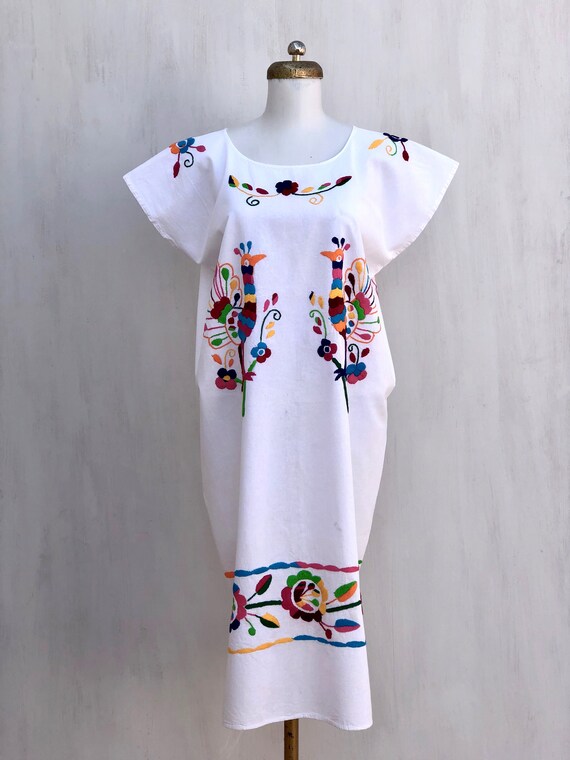 Mexican dress with hand embroidered peacocks and f