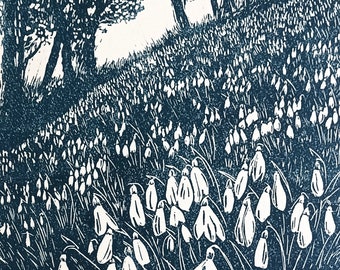 Snowdrop Wood - Original Lino Print | Limited Edition |Hand Carved and Printed by Cotswold Printmaker Jo Biggadike | Woodland Spring Flowers