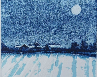 Winter Moon, A Hand Printed Collagraph Landscape by Cotswold Printmaker Jo Biggadike. Limited Edition.