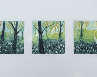 Springtime Walk - Collagraph Print, Hand Printed by Cotswold Printmaker Jo Biggadike. Limited Edition. 37cm x 12cm