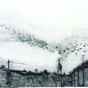 May include: A black and white print depicts a townscape with a flock of birds in flight. The birds are concentrated in the sky above the buildings. The buildings have chimneys and a church steeple.