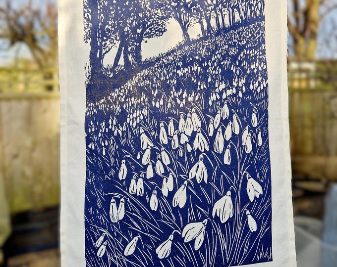 Snowdrop Tea Towel - 100% Cotton, Handmade in the UK, Woodland Flowers, Gardeners Gift