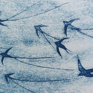 Flyover, A Hand Printed Collagraph by Cotswold Printmaker Jo Biggadike. Limited Edition. Swifts in Flight