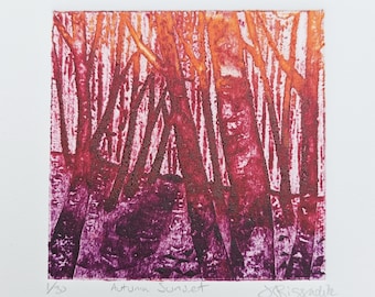 Autumn Sunset - A Collagraph Print, Hand Printed Landscape by Cotswold Printmaker Jo Biggadike. Limited Edition. 10cm x 10cm