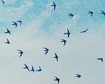 A Drift Of Swifts, Hand Printed Collagraph Print by Cotswold Printmaker Jo Biggadike. Limited Edition.