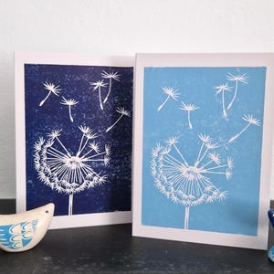 Hand Printed Linocut Cards | Dandelion Clocks| Greetings Cards | 2 Card Pack | Wild Flowers | 1 of each shade of Blue | Notecards