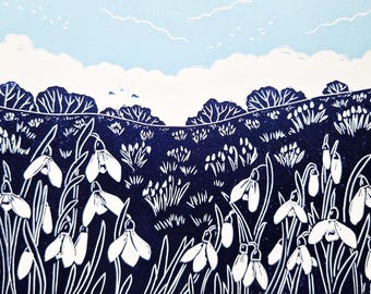 Erste Schneeglöckchen Linoldruck | Blue Spring Wildblumen Kunst, signierte limitierte Auflage