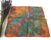 1980s vintage Lady 39 s Silk Handkerchief in green and Orange Abstract Design Square Earth and Forest Tones handkerchief Ladies Purse Accessory