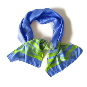 90s Vintage Blue Green Silk Scarf Long Silk Scarf Abstract Print Pattern Neck Scarf Head Scarf Summer Scarf Women&#39;s Accessory