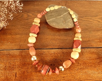 Vintage 70s Chunky Wood Bead Statement Necklace: Bohemian Geometric Design