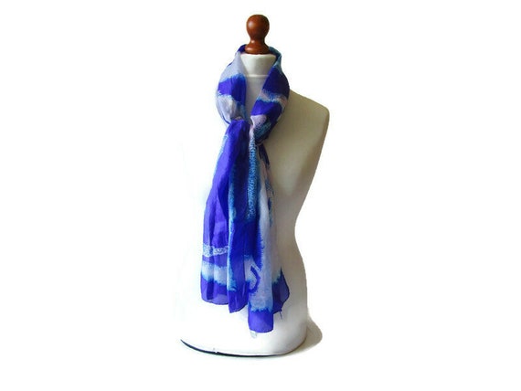 Gorgeous Blue White Vintage Silk Scarf Long Silk … - image 6