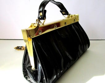 Vintage 80s Black Patent Leather Shoulder Bag with Gold Chain