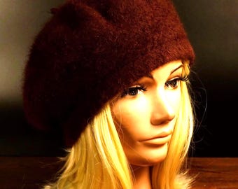 Vintage Angora Rabbit Hair Beret - Soft Brown Wool Blend