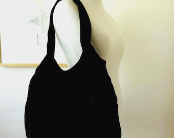Black Velvet Handbag Shoulder Bag Boho Bohemian Hobo Bag Spacious Everyday Slouch City Bag