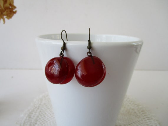 Vintage Handmade Glass Earrings Round Red Dangle … - image 4