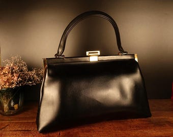 Sac Vintage En Cuir Noir Années 40-50 - Style Médecin, Intérieur Gold, Fermeture Métal Doré - Occasion Très Bon état