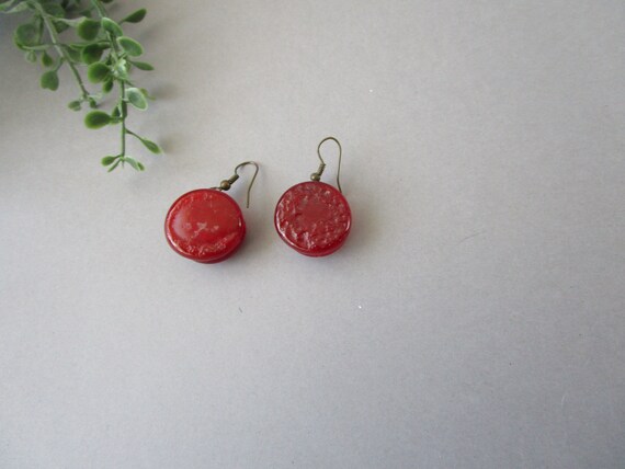 Vintage Handmade Glass Earrings Round Red Dangle … - image 8